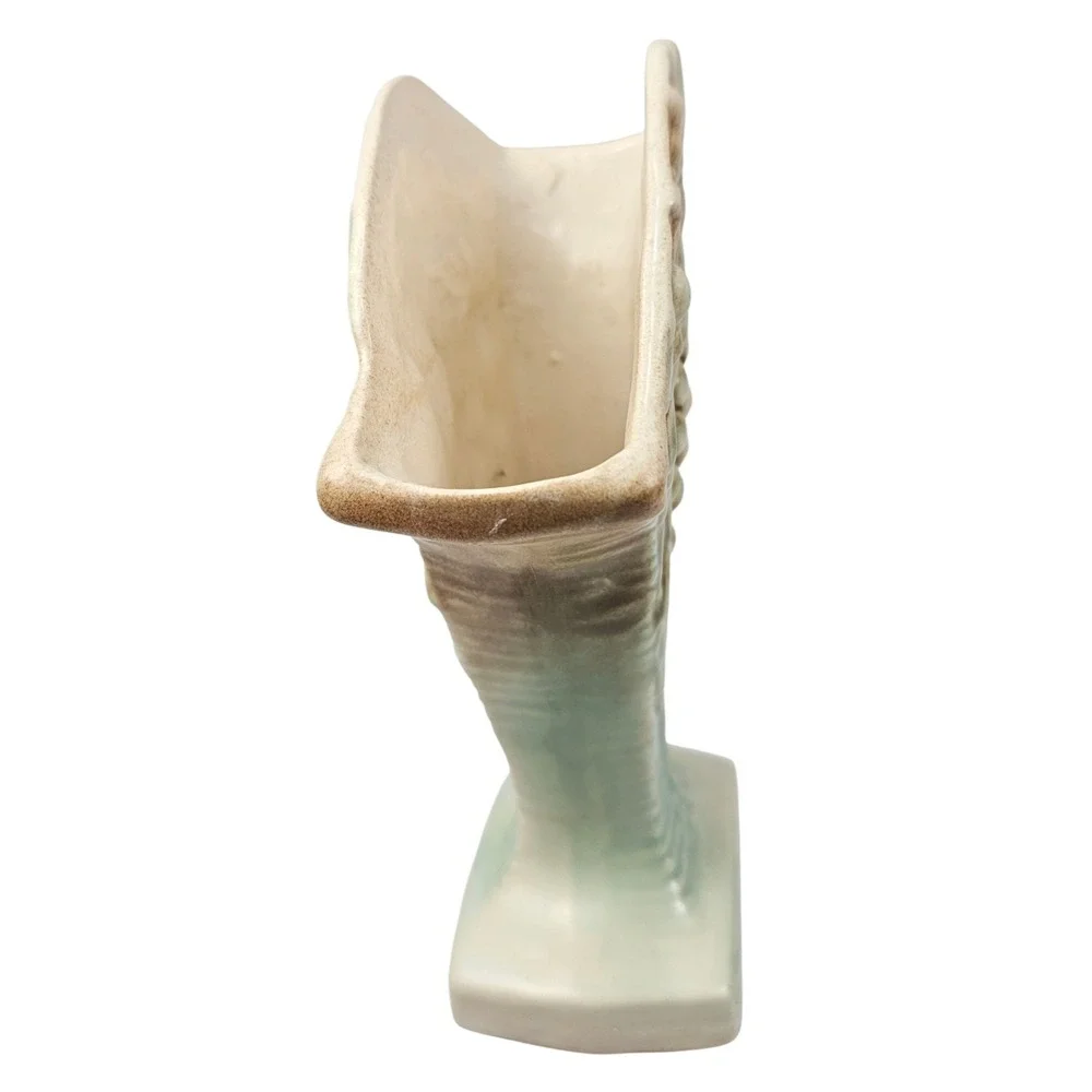 Vintage Ceramic Fan Vase Embossed Grape‎ Leaf Seafoam Green Brown Mid Century
